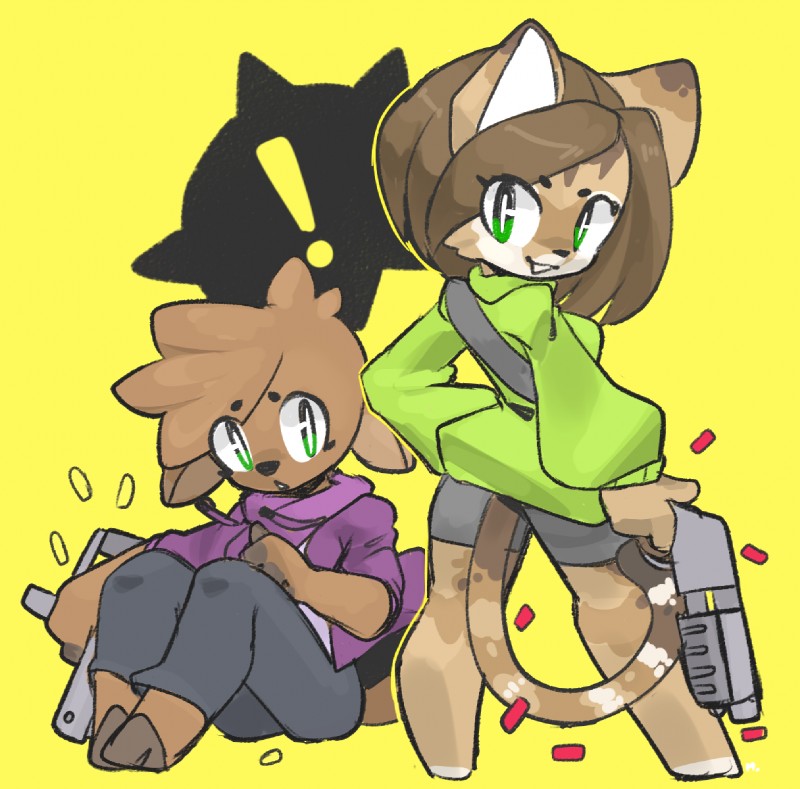 anthro breasts clothed clothing duo exclamation_point female fully_clothed fur gun hair hoodie hooves looking_at_viewer ranged_weapon simple_background smile standing topwear weapon murninatair helia_peppercats rina_von_dan deer domestic_cat felid feline felis mammal 2018 digital_media_(artwork) hi_res