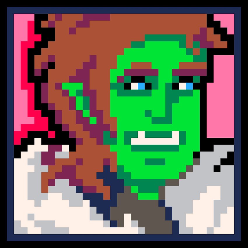 bard black_border blue_eyes border brown_eyebrows brown_hair clothed_humanoid clothed_male clothing eyebrows green_body green_skin grey_clothing grey_shirt grey_topwear hair humanoid_pointy_ears male not_furry pink_background pointy_ears shirt short_hair simple_background solo toothy_smile topwear tusks chiefbradley dungeons_and_dragons hasbro oxventure wizards_of_the_coast dob_(oxventure) half-orc humanoid orc 2018 colored digital_media_(artwork) hi_res icon pixel_(artwork) shaded