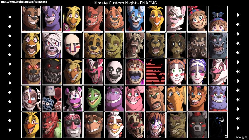 absolutely_everyone anthro eye_patch eyewear female group large_group male text namygaga five_nights_at_freddy's five_nights_at_freddy's_2 five_nights_at_freddy's_3 five_nights_at_freddy's_4 fnafng freddy_fazbear's_pizzeria_simulator scottgames sister_location ultimate_custom_night balloon_boy_(fnaf) ballora_(fnafsl) bonnie_(fnaf) bucket_bob_(fnaf) chica_(fnaf) circus_baby_(fnaf) cupcake_(fnaf) el_chip_(fnaf) ennard_(fnafsl) foxy_(fnaf) freddy_(fnaf) funtime_chica_(fnaf) funtime_foxy_(fnaf) golden_freddy_(fnaf) happy_frog_(fnaf) helpy_(fnaf) lefty_(fnaf) mangle_(fnaf) marionette_(fnaf) molten_freddy_(fnaf) mr._can-do_(fnaf) mr._hippo_(fnaf) mr._hugs_(fnaf) music_man_(fnaf) nedd_bear_(fnaf) nightmare_(fnaf) nightmare_balloon_boy_(fnaf) nightmare_bonnie_(fnaf) nightmare_chica_(fnaf) nightmare_fredbear_(fnaf) nightmare_freddy_(fnaf) nightmare_mangle_(fnaf) nightmarionne_(fnaf) number_1_crate_(fnaf) orville_elephant_(fnaf) pan_stan_(fnaf) phantom_balloon_boy_(fnaf) phantom_chica_(fnaf) phantom_freddy_(fnaf) phantom_mangle_(fnaf) phone_guy_(fnaf) pigpatch_(fnaf) puppet_bonnie_(fnafsl) rockstar_bonnie_(fnaf) rockstar_chica_(fnaf) rockstar_foxy_(fnaf) rockstar_freddy_(fnaf) scrap_baby_(fnaf) scraptrap_(fnaf) springtrap_(fnaf) toy_bonnie_(fnaf) toy_chica_(fnaf) toy_freddy_(fnaf) william_afton_(fnaf) withered_bonnie_(fnaf) withered_chica_(fnaf) bear canid canine fox humanoid lagomorph leporid mammal rabbit 16:9 2018 absurd_res digital_media_(artwork) hi_res multiple_images url widescreen