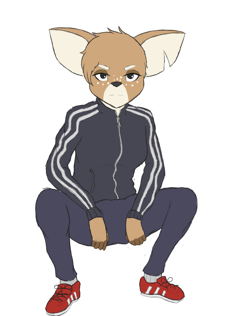 anthro clothed clothing crouching eyebrows female freckles fur gopnik head_tuft multicolored_body multicolored_fur serious serious_face simple_background slav_squat solo spots thick_eyebrows tuft white_background qunteki the_testimony_of_trixie_glimmer_smith nikita_perovskia deer mammal absurd_res hi_res