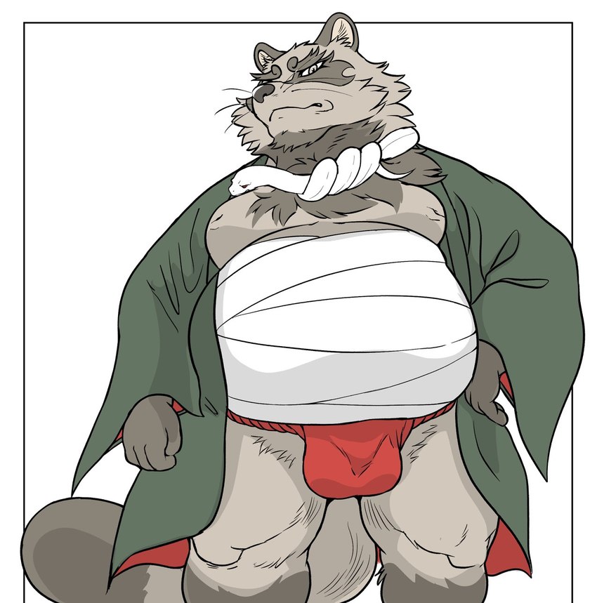 anthro asian_clothing belly big_belly brown_body bulge clothing east_asian_clothing fundoshi japanese_clothing kemono male moobs overweight overweight_male red_clothing red_fundoshi red_underwear solo underwear hysk canid canine mammal raccoon_dog tanuki 2023 hi_res