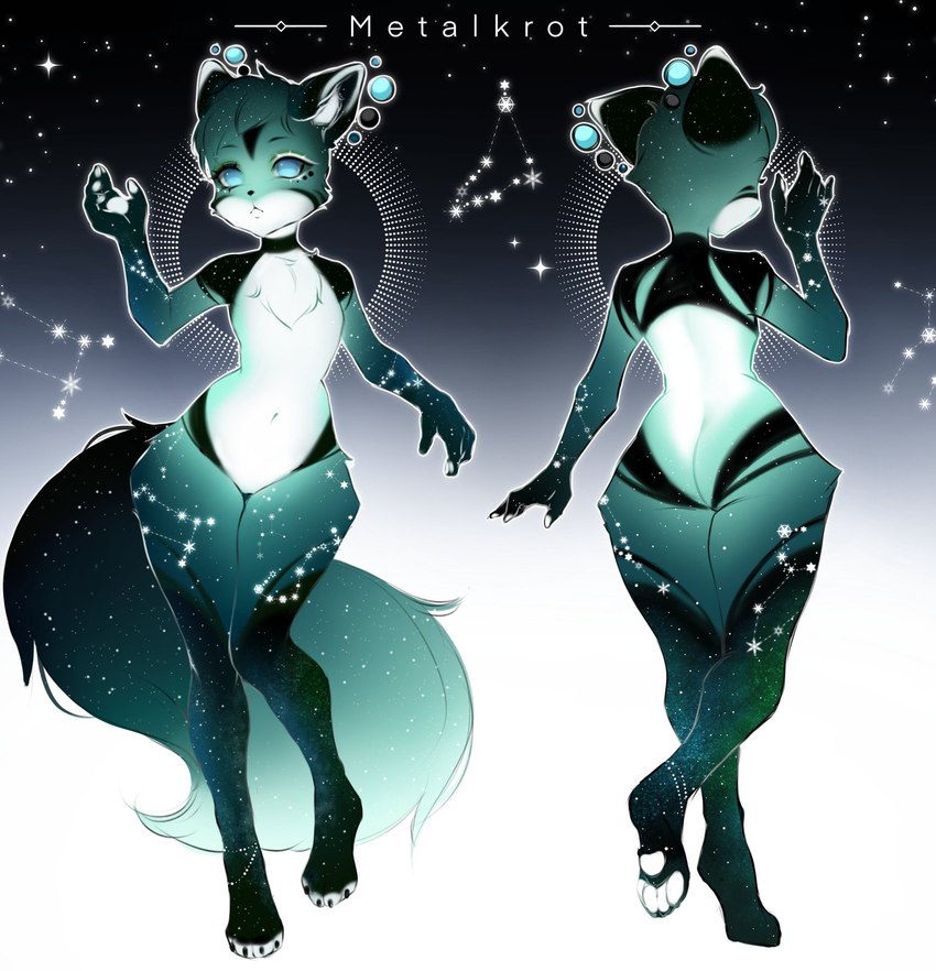 anthro big_tail black_body black_fur capricornus_(constellation) constellation constellation_markings cosmic_background cosmic_fur cosmic_hair ethereal_hair female fingerpads fluffy fluffy_tail fur gemini_(constellation) gesture green_body green_eyes green_fur inner_ear_fluff leo_(constellation) looking_at_viewer multicolored_body multicolored_fur orb pawpads scorpius_(constellation) solo space star tail taurus_(constellation) tuft waving white_body white_fur white_pawpads metalkrot diana_(mavis_delcat) canid canine cosmic_being fox mammal hi_res model_sheet