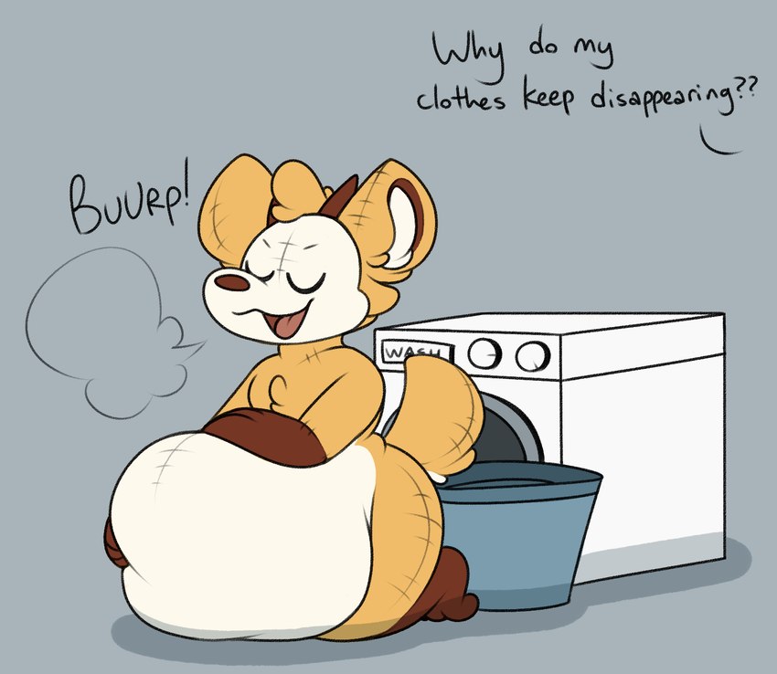 anthro appliance belly_grab bloated burp_cloud burping dialogue eyes_closed female laundry_basket laundry_machine obese object_vore offscreen_character overweight plushie solo stitch_(sewing) text tongue vore washing_machine conditional_dnp verdantphysician daisy_(verdantphysician) animate_inanimate living_plushie monster english_text hi_res