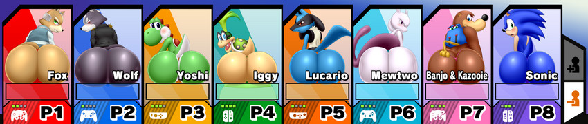 ambiguous_gender anthro big_butt blush bottomless bubble_butt butt butt_focus character_select clothed clothing group huge_butt looking_at_viewer looking_back male panties take_your_pick underwear wide_image spaca banjo-kazooie mario_bros nintendo pokemon rareware sega sonic_the_hedgehog_(series) star_fox super_smash_bros. banjo_(banjo-kazooie) fox_mccloud iggy_koopa kazooie koopaling sonic_the_hedgehog wolf_o'donnell bear canid canine canis eulipotyphlan fox generation_1_pokemon generation_4_pokemon green_yoshi hedgehog koopa legendary_pokemon lucario mammal mewtwo pokemon_(species) scalie wolf yoshi absurd_res hi_res long_image