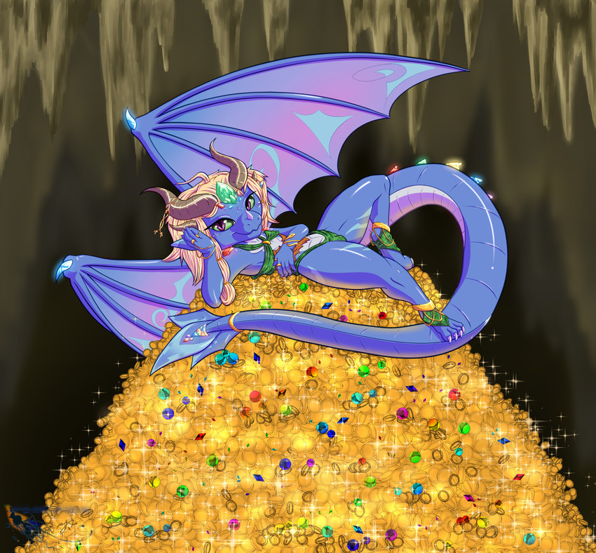 anthro cave clothed clothing coin crystal exposure_variation female gem gold_(metal) gold_coin skimpy solo spread_wings tail treasure wings philfox mythology hana_ihina_aliana dragon mythological_creature mythological_scalie scalie absurd_res hi_res