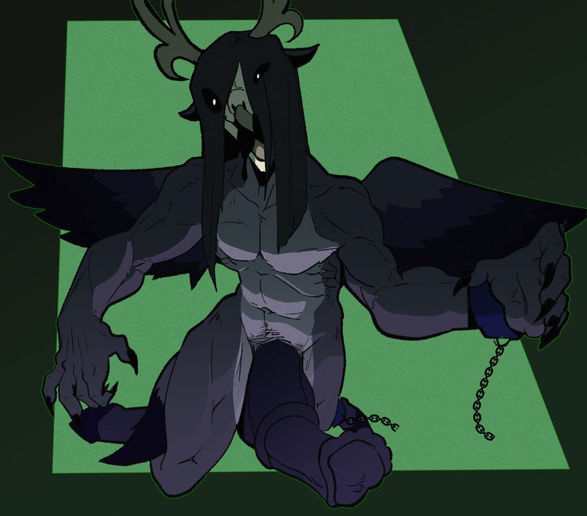 animal_genitalia animal_penis anthro antlers balls beak big_penis black_hair black_sclera bone claws equine_genitalia equine_penis feathers genitals hair hooves horn huge_penis kneeling long_hair long_penis looking_at_viewer male muscular muscular_male nude penis purple_body shackles_only skull skull_head solo tail tail_feathers white_eyes wings felinecanis jarilo_(sudsypup) peryton undead 2023 absurd_res digital_drawing_(artwork) digital_media_(artwork) hi_res