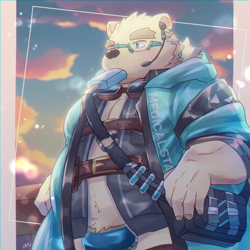 anthro belly blue_clothing blue_speedo blue_swimwear bulge clothing dessert eyewear food fur glasses hair ice_cream jacket male musclegut muscular navel pecs ponytail popsicle solo speedo sunset swimwear topwear white_body white_fur alli_paeonia lifewonders tokyo_afterschool_summoners leib_(tas) bear mammal polar_bear ursine 1:1 hi_res