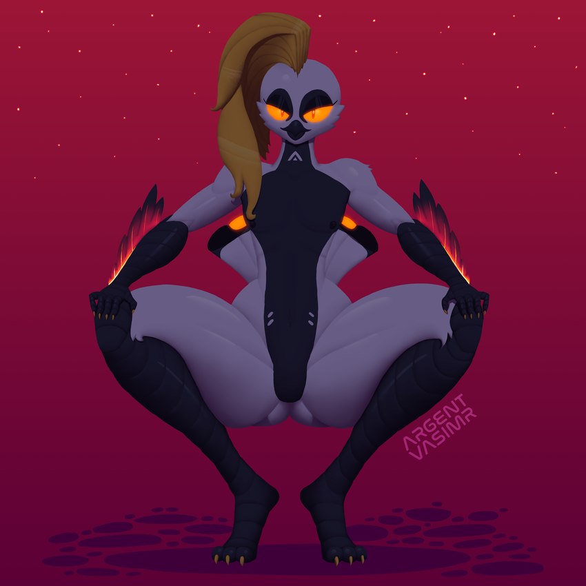 3_toes 5_fingers abstract_background ambiguous_gender anthro arm_feathers bangs beak black_beak black_body black_countershading black_scutes breasts countershading crouching dim_lighting feathers featureless_crotch feet fingers flat_chested glowing glowing_body glowing_eyes glowing_feathers looking_at_viewer multicolored_body nipples non-mammal_breasts scuted_arms scuted_legs scutes side_cut simple_background solo swept_bangs thick_thighs tiptoes toes two_tone_body white_body argentvasimr aster_sinclair 1:1 absurd_res hi_res