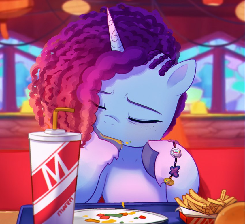 bendy_straw bracelet container cup drinking_straw eyes_closed female feral food fries gradient_hair hair hooves horn jewelry plate purple_hair solo marenlicious hasbro mlp_g5 my_little_pony mythology misty_brightdawn_(mlp) equid equine mammal mythological_creature mythological_equine unicorn hi_res meme