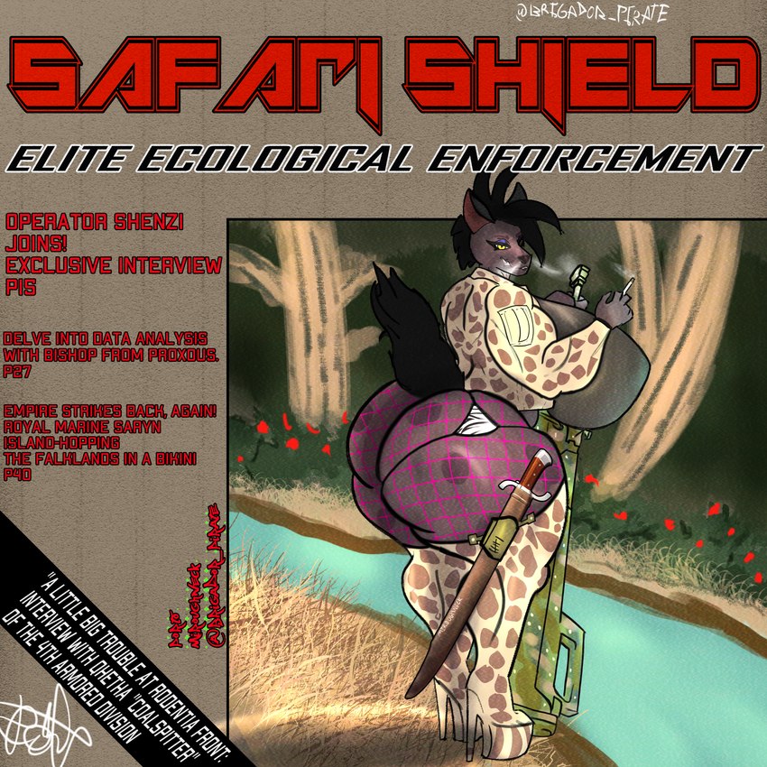 animal_print anthro big_breasts big_butt big_muscles black_hair boots breasts butt cigarette clothing female fictional_magazine_cover fishnet_clothing flower footwear giraffe_print gun hair high_heeled_boots high_heels huge_breasts huge_butt huge_thighs jacket legwear melee_weapon messer_(sword) muscular muscular_female ntw-20 plant ranged_weapon river shirt shoes shrub smoke smoke_from_nose smoking solo sword text thick_thighs thigh_boots thigh_highs thong topwear tree underwear weapon yellow_eyes zebra_print miroughneck_(porto) disney the_lion_king shenzi_(the_lion_king) hyena mammal spotted_hyena 1:1 absurd_res cover english_text hi_res magazine_cover