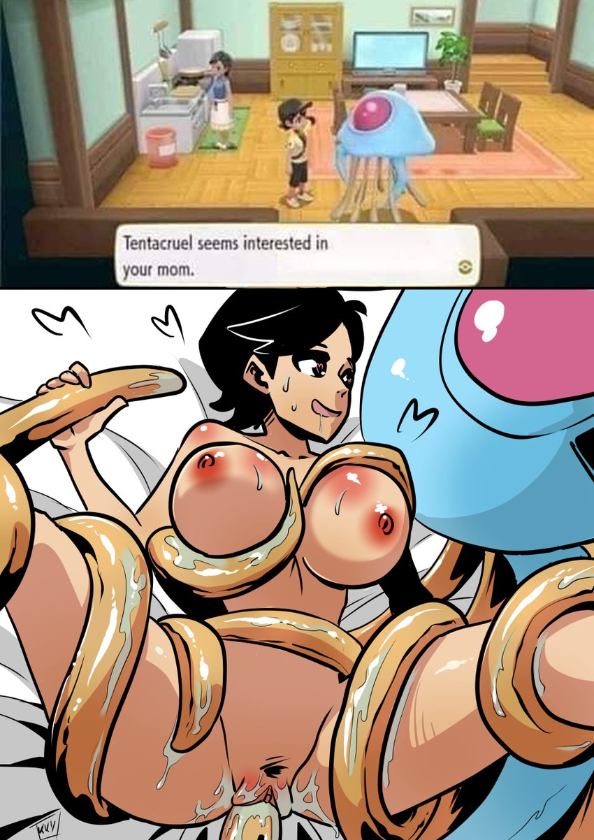 black_hair blue_body bodily_fluids breasts brown_eyes consentacles female feral genitals hair heart_eyes heart_symbol human_focus interspecies nipples pokephilia pubes pussy sex sweat tentacle_sex tentacles vaginal kukuruyo nintendo pokemon pokemon:_let's_go chase_(pokemon) mom_(pokemon) generation_1_pokemon human mammal pokemon_(species) tentacruel hi_res