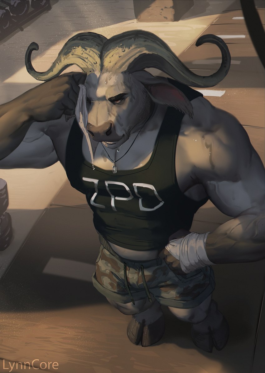 anthro bottomwear bulge clothed clothing cloven_hooves fully_clothed fur grey_body grey_fur high-angle_view hooves horn jewelry male muscular muscular_anthro muscular_male necklace shirt shorts solo tank_top topwear wiping_sweat lynncore disney zootopia chief_bogo bovid bovine cape_buffalo mammal 2023 hi_res