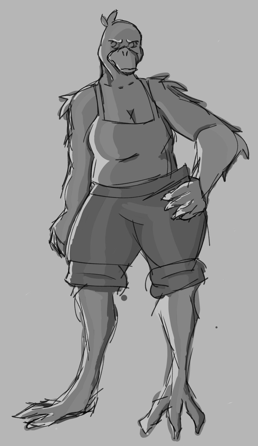 anthro big_breasts breasts female grey_background non-mammal_breasts simple_background solo rustrete avian bird pelecaniform shoebill full-length_portrait greyscale hi_res monochrome portrait