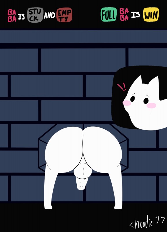 backsack balls big_butt blush brick_wall butt exclamation_point feral gameplay_mechanics genitals male simple_background solo text through_wall wall_(structure) fluffihoodie baba_is_you baba 2019 digital_media_(artwork) hi_res