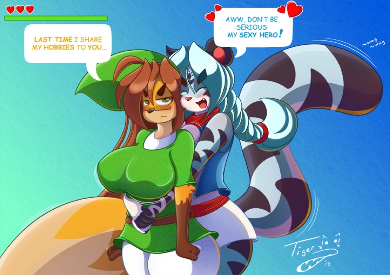 anthro big_breasts breasts cosplay dialogue duo eyewear female glasses heart_symbol leucistic smile text tiger1001 nintendo the_legend_of_zelda link minina shari_(tiger1001) felid mammal pantherine tiger digital_media_(artwork) english_text