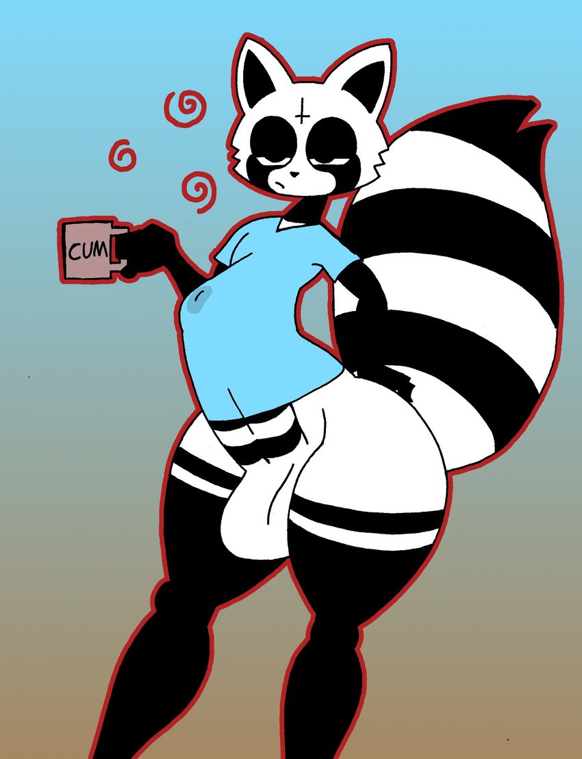 anthro big_penis black_body bottomless clothed clothing container cup erection erection_under_clothing genitals half-closed_eyes male mug multicolored_body narrowed_eyes penis small_waist solo thick_thighs tired_eyes two_tone_body white_body wide_hips rexon02 rex_raccoon_(rexon02) mammal procyonid raccoon absurd_res hi_res