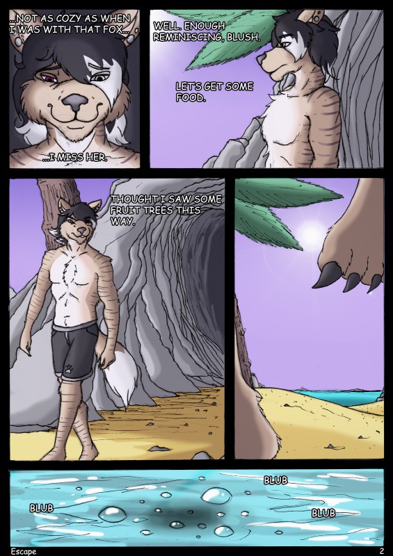 anthro beach bottomwear brown_body brown_fur bubble cave clothed clothing day ear_piercing fur island male outside palm_tree pants paws piercing plant purple_eyes sad sand sea seaside sky solo sun text tree walking water umpherio the_depths blush_(blush-panda) hyena mammal striped_hyena absurd_res comic english_text hi_res