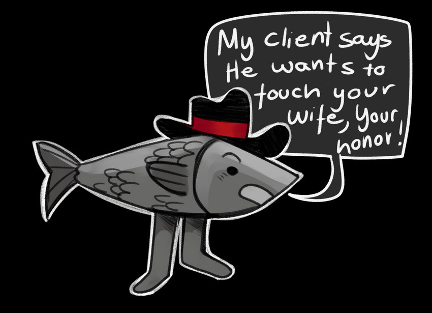 biped clothing dialogue dialogue_box fish_tail grey_body hat headgear headwear male scales simple_background simple_eyes solo text transparent_background andy_deer dingaling_productions lisa_the_painful harvey_alibastor fish marine alpha_channel english_text hi_res