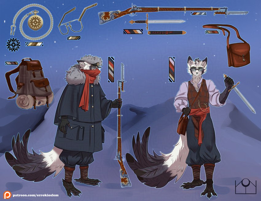 anthro bayonet clock dagger eyewear glasses gun holding_object holding_weapon knife male melee_weapon musket outfit_reference outside pocketwatch ranged_weapon snow solo_focus standing travel_bag watch weapon wearing_glasses winter winter_clothing winter_coat errokioslem avian bird canid canine corvid corvus_(genus) crow fox hybrid mammal oscine passerine hi_res model_sheet