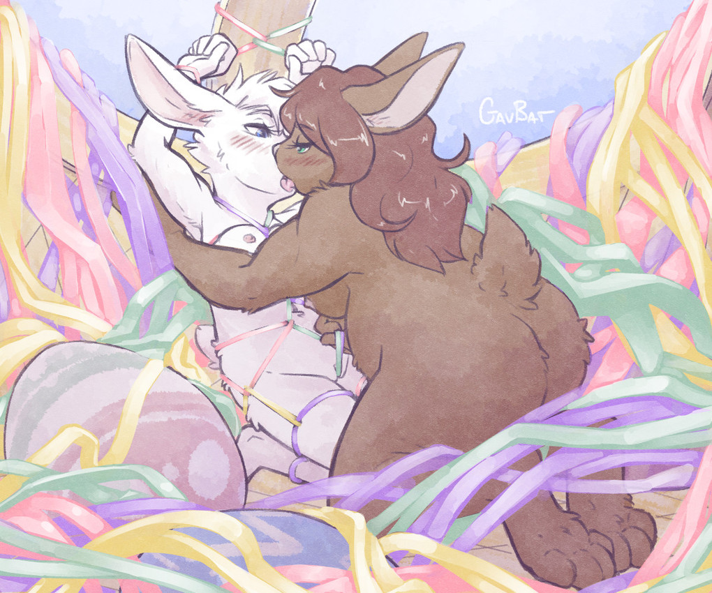 basket bdsm blush bondage bound breasts brown_body brown_fur brown_hair butt container crotch_rope duo easter_egg eye_contact female female/female fur genitals hair hands_tied holidays kissing kneeling long_ears looking_at_another multicolored_rope nipples nude paws restraints rope rope_bondage rope_harness short_tail tail tongue vulva white_body white_fur gavbat easter lagomorph leporid mammal rabbit 2025 6:5 digital_media_(artwork) pastel_theme signature