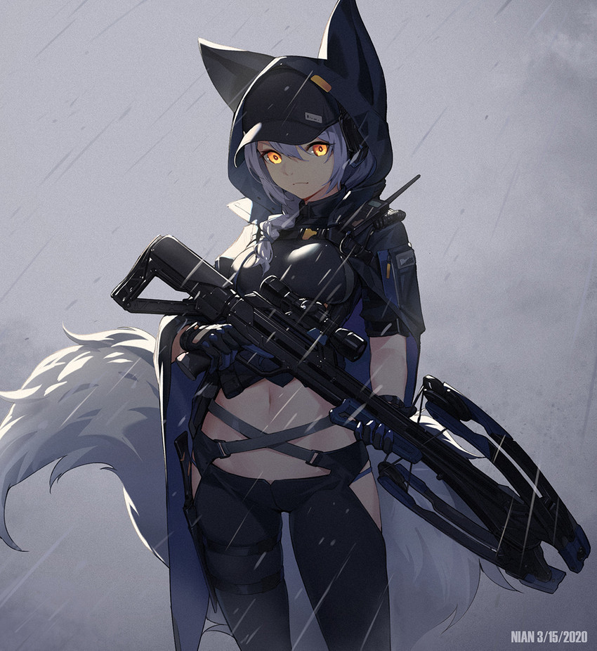 bottomwear braided_hair breasts cloak clothed clothing female fully_clothed furgonomic_headwear furgonomic_hood furgonomics gloves gun hair handwear hat headgear headwear holding_gun holding_object holding_ranged_weapon holding_weapon hood hood_up looking_at_viewer medium_breasts midriff navel outside pants raining ranged_weapon solo standing tail trigger_discipline underwear underwear_straps weapon yellow_eyes nian_qaq arknights hypergryph studio_montagne provence_(arknights) animal_humanoid canid canid_humanoid humanoid mammal mammal_humanoid tailed_humanoid 2020 hi_res