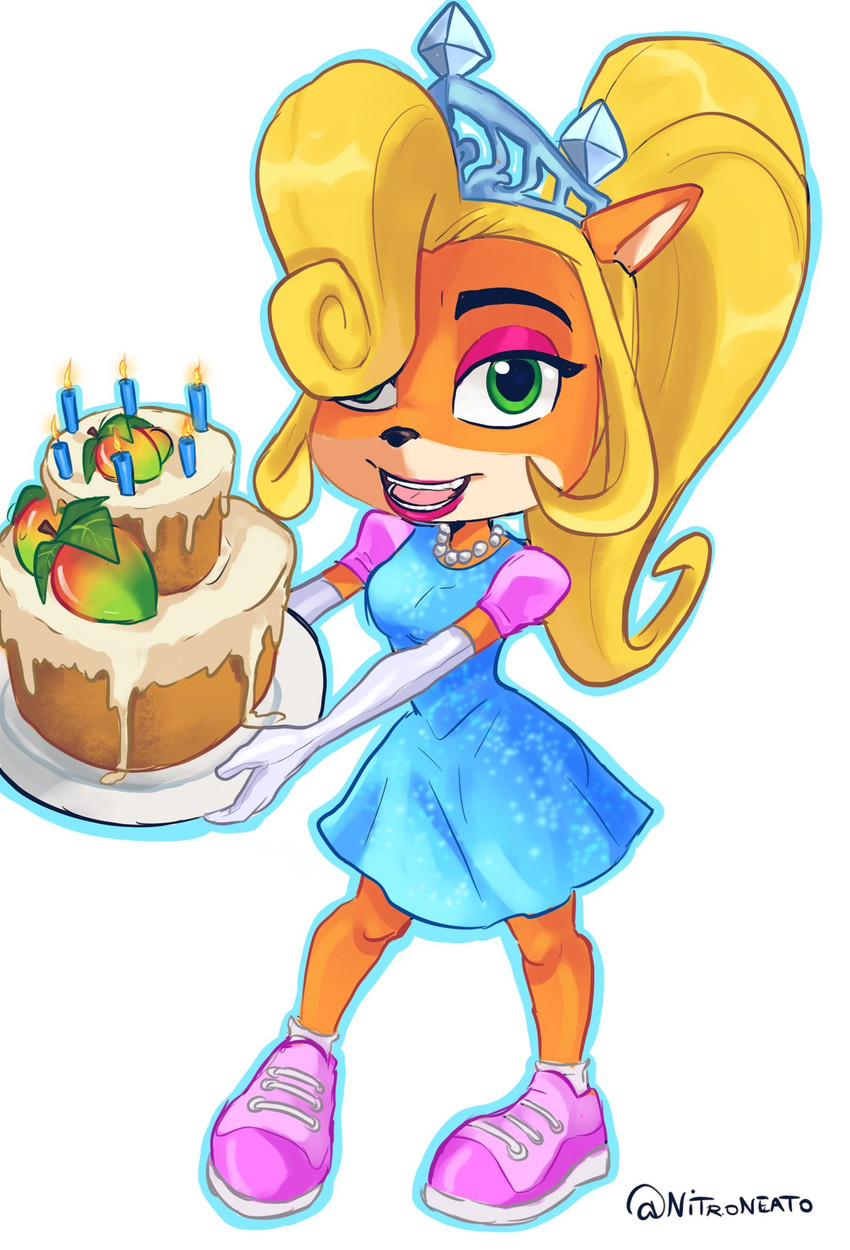 anthro armwear blonde_hair cake clothing crown dessert elbow_gloves eyeshadow female food footwear fruit gloves green_eyes hair handwear headgear lipstick long_hair makeup open_mouth open_smile plant ponytail simple_background smile solo teeth nitroneato activision crash_bandicoot_(series) coco_bandicoot bandicoot mammal marsupial 2019 hi_res signature