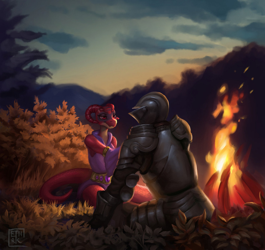 anthro armor belt campfire clothed clothing curved_horn duo female forest horn knight magic_user male plant purple_clothing purple_robe red_body red_eyes red_horn red_skin robe sitting tree warrior ethrk human kobold mammal scalie digital_media_(artwork) digital_painting_(artwork) hi_res