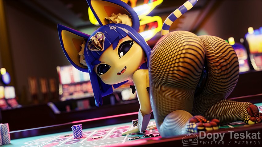 anthro bangs big_butt blue_hair blush bob_cut butt casino casino_table clothing female hair inner_ear_fluff legwear looking_at_viewer looking_back looking_back_at_viewer markings open_mouth pantyhose pawpads paws roulette_table short_stack slot_machine smile solo striped_markings striped_tail stripes tail tail_markings teeth tuft uraeus yellow_body yellow_inner_ear yellow_inner_ear_fluff sashacakes animal_crossing nintendo ankha_(animal_crossing) ankha_(zy0n7) domestic_cat felid feline felis mammal 16:9 3d_(artwork) digital_media_(artwork) hi_res widescreen