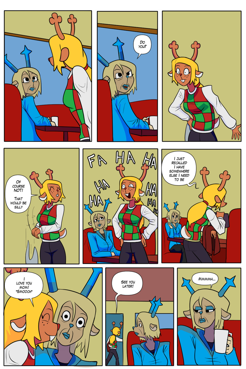 aged_up anthro beverage coffee coffee_mug dialogue diner duo eyelashes female freckled_face freckles group long_eyelashes motion_lines restaurant seat sitting speech_bubble text trio arcatech deltarune undertale_(series) carol_holiday noelle_holiday deer mammal monster new_world_deer reindeer 2:3 comic english_text hi_res