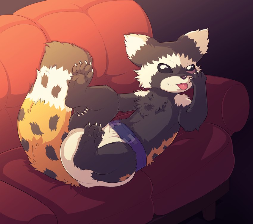 ambiguous_gender anthro blep clean_diaper clothed clothing diaper diaper_only furniture lying on_back sofa solo tongue tongue_out topless wearing_diaper crush_(artist) ictonychine mammal marbled_polecat mustelid musteline polecat_(mustelid) hi_res