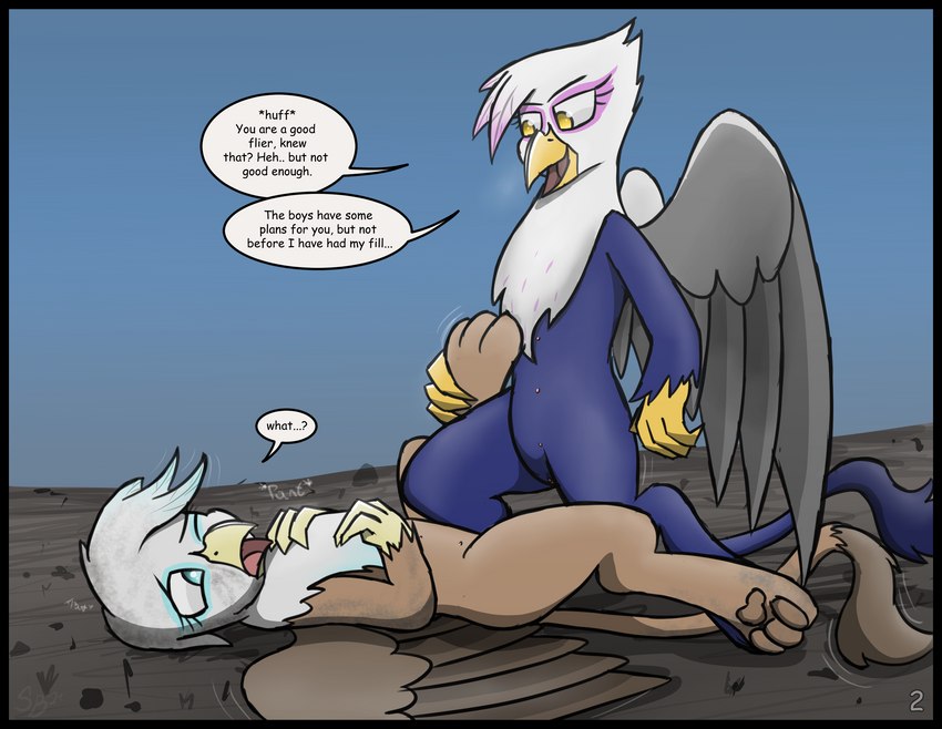 black_border border dialogue duo female female/female feral imminent_sex nipples teats text wasteland sombird hasbro my_little_pony mythology glyphie avian gryphon mythological_avian mythological_creature cel_shading english_text hi_res shaded