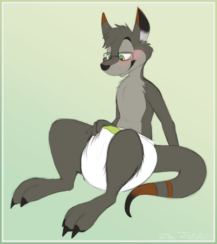 black_nose blush brown_stripes bulge claws clean_diaper clothed clothing diaper fur green_eyes grey_body grey_fur simple_background sitting solo stripes toe_claws touching_diaper wearing_diaper zen_fetcher forza_(progasus) kangaroo macropod mammal marsupial hi_res