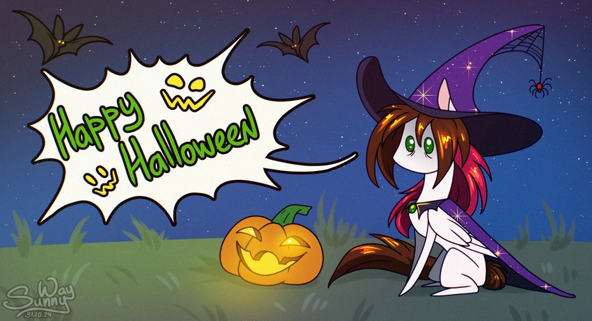 chibi female feral food fruit halloween2024 happy_halloween holidays magic_user night omg plant pumpkin solo star tired wings witch sunny_way friendship_is_magic halloween hasbro my_little_pony mythology sunny_way_(character) arachnid arthropod bat equid equine horse mammal mythological_creature mythological_equine pegasus pony spider digital_media_(artwork) hi_res