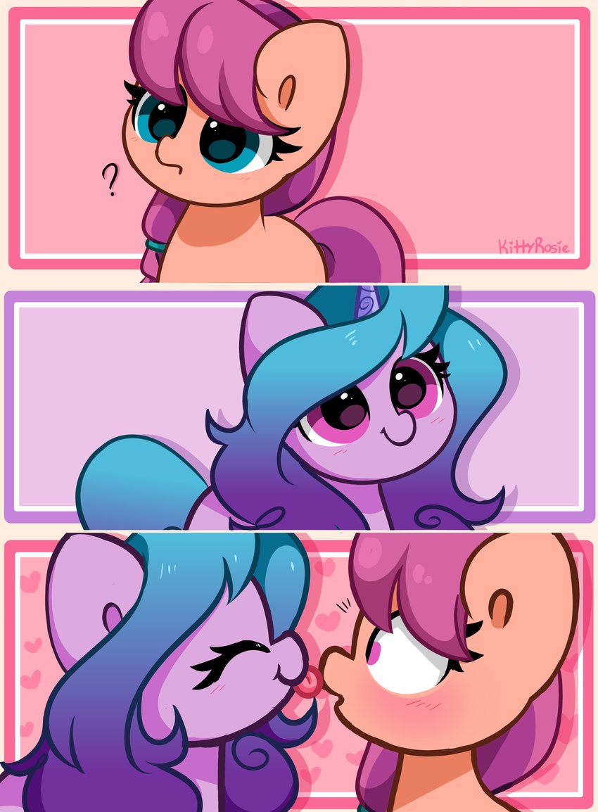 blue_eyes blue_hair blush duo female feral hair happy heart_symbol horn kissing licking orange_body pink_eyes pink_hair purple_body smile tongue tongue_out kittyrosie hasbro mlp_g5 my_little_pony mythology izzy_moonbow_(mlp) sunny_starscout_(mlp) earth_pony equid equine horse mammal mythological_creature mythological_equine pony unicorn 2022 absurd_res digital_media_(artwork) hi_res