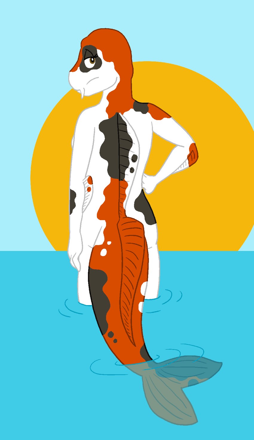 anthro arm_fin barely_visible_breasts breasts brown_body brown_eyes brown_skin butt dorsal_fin female fin looking_at_viewer orange_body orange_skin partially_submerged rear_view solo sunset tail tail_fin whiskers white_body white_skin tabbiewolf nikki_(tenpoundhammer) amur_carp carp cyprinid cypriniform fish koi marine typical_carp hi_res