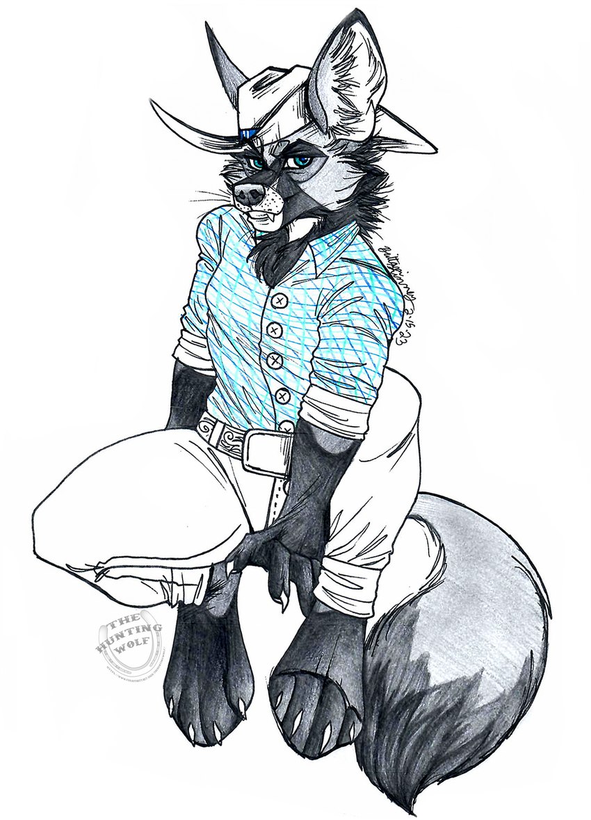 anthro blue_eyes bottomwear clothing cowboy_hat fur grey_body grey_fur hat headgear headwear lupis male pants paws pose shirt simple_background solo tail topwear white_background thehuntingwolf arwin bat canid canine canis fox mammal 2023 hi_res pinup traditional_media_(artwork)