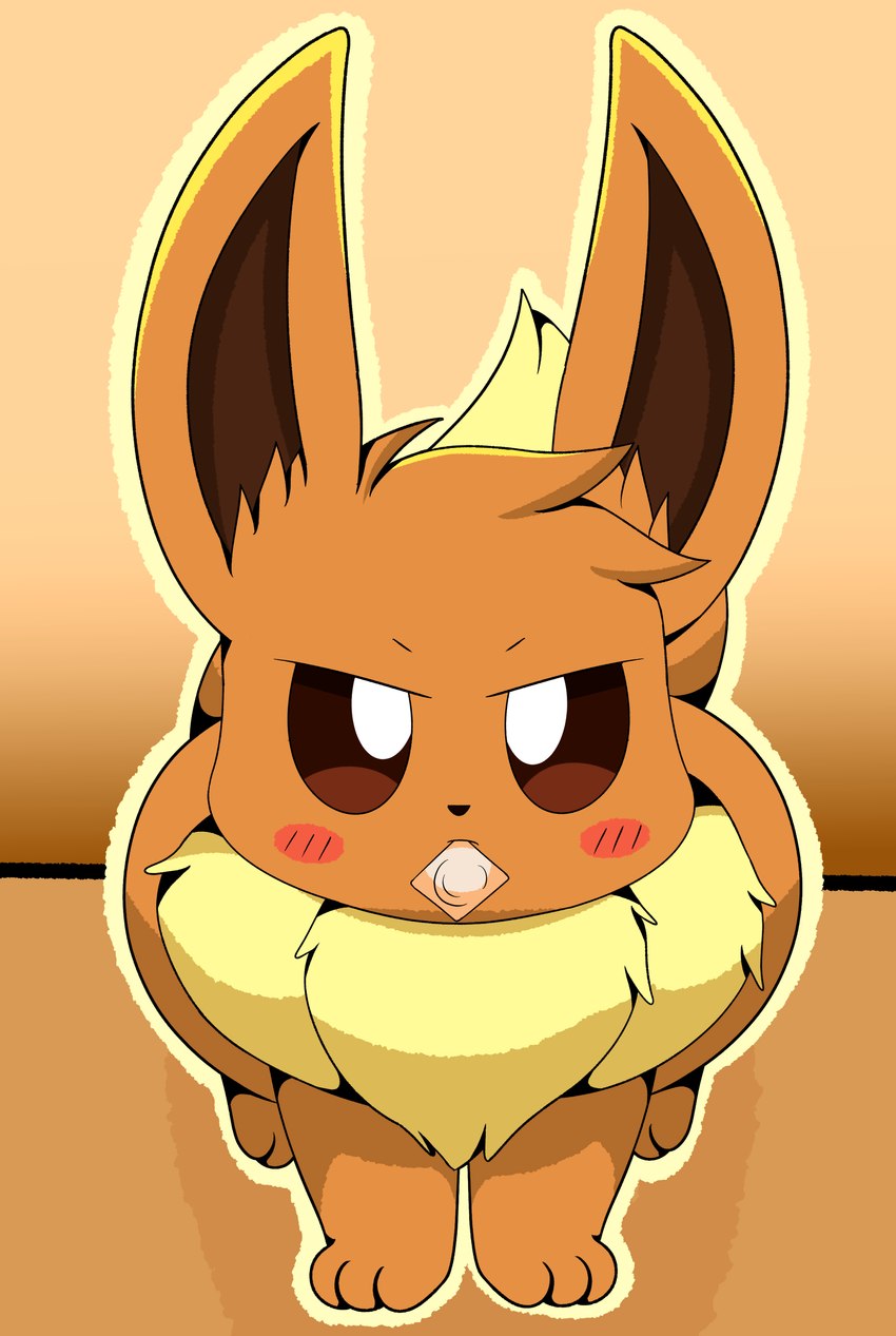 ambiguous_gender black_nose blush blush_lines brown_body brown_eyes chest_tuft condom condom_in_mouth feral fluffy_chest front_view looking_at_viewer mouth_hold object_in_mouth sexual_barrier_device solo standing tail thick_thighs tuft cloudeon nintendo pokemon eevee generation_1_pokemon pokemon_(species) 2024 absurd_res digital_drawing_(artwork) digital_media_(artwork) hi_res