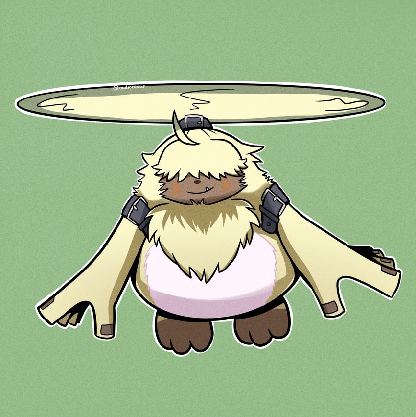 anthro belt flying fur hair hair_over_eyes helicopter_ears long_ears male ponytail_ears smile solo yellow_body yellow_fur owlscribbles bandai_namco digimon digimon_ghost_game angoramon digimon_(species) hi_res