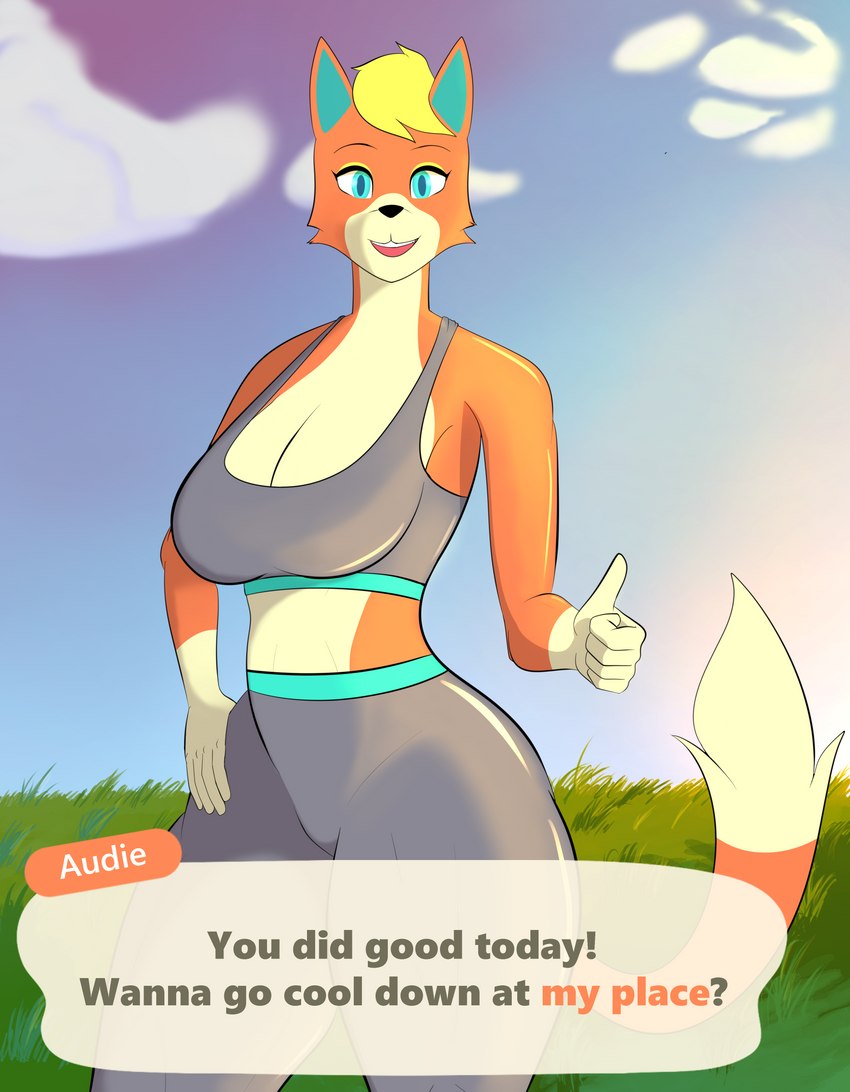 anthro athletic_wear big_breasts blue_eyes bottomwear bra breasts clothing curvy_figure dialogue female fur hand_on_hip header header_box high_waisted_bottomwear huge_breasts looking_at_viewer orange_body orange_fur pants small_waist smile smiling_at_viewer solo speech_bubble sports_bra sunset text text_header thick_thighs underwear wide_hips yoga_pants jigglephysics animal_crossing nintendo audie_(animal_crossing) canid canine canis mammal wolf absurd_res english_text hi_res