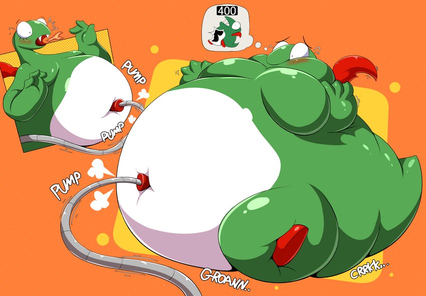 air_inflation anthro belly big_belly big_breasts blush breasts breath_powers elemental_manipulation fangs female fire fire_breathing fire_manipulation green_body hose hose_inflation huge_belly huge_breasts hyper hyper_belly imminent_popping implied_popping inflation motion_lines multicolored_body navel open_mouth solo sound_effects teeth text thought_bubble white_body wide_eyed wings veryfilthything dig_dug mythology dragon fygar mythological_creature mythological_scalie scalie absurd_res hi_res