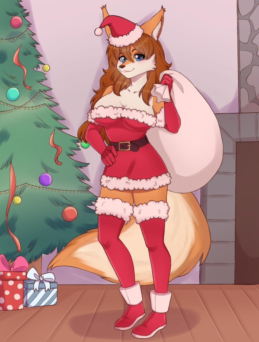 anthro christmas_clothing christmas_headwear christmas_tree clothing female hat headgear headwear holidays inside plant santa_hat solo tree jack_mery christmas micaela_the_fox canid canine fox mammal