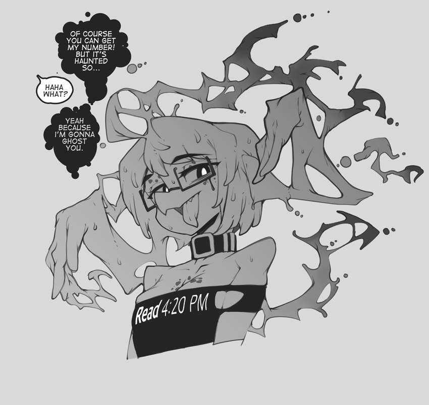 anthro biped breasts cleavage clothed clothing dialogue eyewear female glasses looking_at_viewer open_mouth small_breasts solo speech_bubble text topwear slugbox ctenophorae cteno 2023 english_text hi_res monochrome