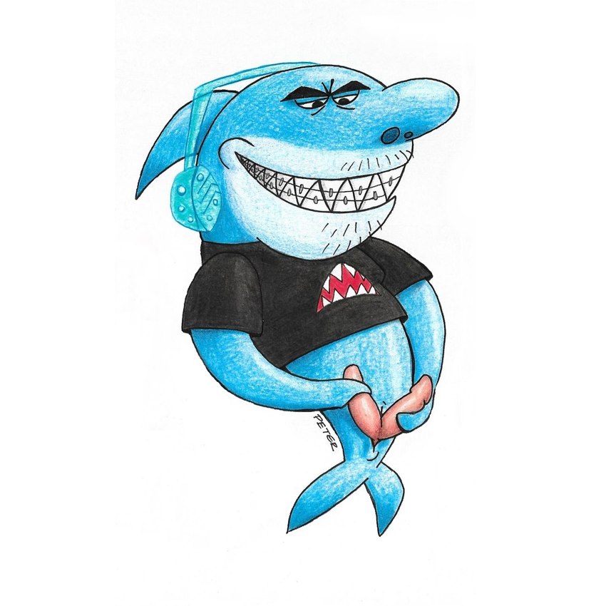 anthro blue_body blue_skin braces clothing genitals male multi_genitalia multi_penis penis shirt simple_background solo teeth topwear white_background peterdamart cartoon_network my_gym_partner's_a_monkey bull_sharkowski fish marine shark 1:1 hi_res