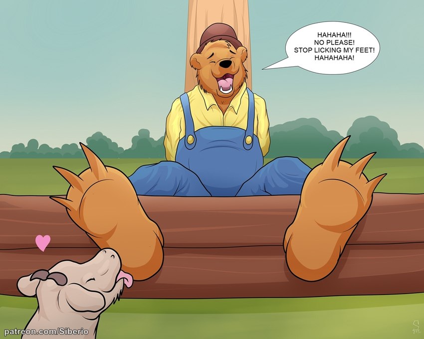 3_toes anthro barefoot bound claws clothing duo feet foot_fetish foot_lick foot_play licking male overalls restraints soles stocks text toe_claws toes tongue siberio berenstain_bears papa_bear bear bovid caprine goat mammal 5:4 english_text