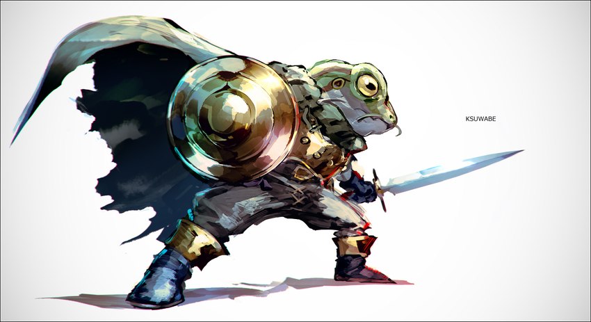 anthro black_border border bottomwear cape clothed clothing footwear fully_clothed green_body holding_melee_weapon holding_object holding_shield holding_sword holding_weapon melee_weapon pants pose shadow shield simple_background solo sword topwear weapon white_background ksuwabe chrono_trigger square_enix glenn_(chrono_trigger) amphibian frog 2022