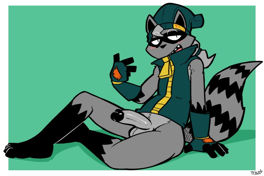 4_toes 5_fingers accessory anthro balls big_penis black_body black_fur black_glans black_nose black_stripes border bottomless clothed clothing dialogue facial_markings feet fingers fluffy fluffy_tail fur genitals gesture glans gloves gloves_(marking) green_background green_clothing green_gloves green_handwear green_hat green_headwear green_jacket green_topwear green_vest grey_balls grey_body grey_fur grey_hair grey_penis hair hair_accessory hairband half-closed_eyes hand_gesture handwear hat head_markings headgear headwear jacket jacket_vest leg_markings looking_at_viewer male markings mask_(marking) narrowed_eyes open_mouth penis ponytail sharp_teeth simple_background sitting smile socks_(marking) solo striped_body striped_fur striped_markings striped_tail stripes tail tail_markings talking_to_viewer teeth text text_on_clothing text_on_hat text_on_headwear toes topwear v_sign vest white_border felino trick_(tricktrashing) mammal procyonid raccoon 2021 3:2 japanese_text