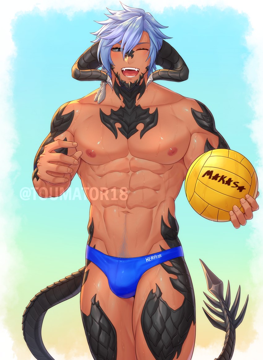 5_fingers abs ball biped blue_clothing blue_swimwear clothed clothing eyebrows fingers hair horn male muscular muscular_humanoid muscular_male one_eye_closed pecs solo swimwear tail topless topless_humanoid topless_male volleyball_(ball) toumator18 final_fantasy final_fantasy_xiv square_enix animal_humanoid au_ra horned_humanoid humanoid scalie scalie_humanoid tailed_humanoid hi_res