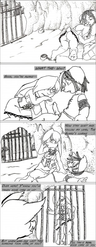 anthro anthro_on_anthro cave clothed clothed_sex clothing dungeon duo fellatio female male male/female melee_weapon oral penile prison sex sleeping sword text weapon reo_grand canid canine canis domestic_dog domestic_pig lagomorph leporid mammal rabbit suid suine sus_(pig) absurd_res comic english_text hi_res