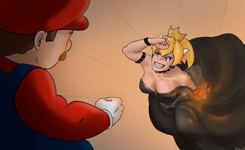 alternate_species big_breasts blonde_hair breasts crossgender crown duo female hair headgear horn humanoidized male not_furry simple_background super_crown errant bowsette_meme mario_bros nintendo bowser mario horned_humanoid human humanoid mammal hi_res meme