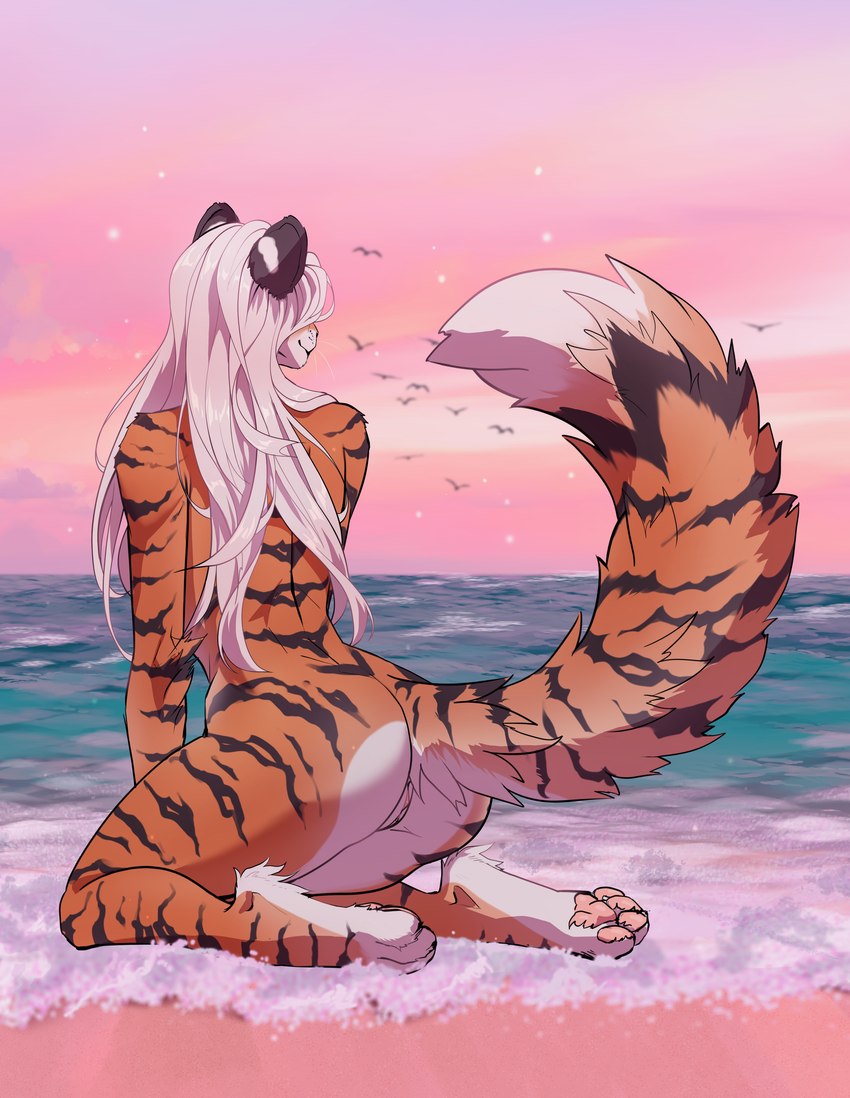 anthro beach female fur genitals hair multicolored_body multicolored_fur nude posing_for_picture pussy sea seaside smile solo striped_body striped_fur stripes surf tail two_tone_body two_tone_fur water white_body white_fur white_hair lynjox sukena felid mammal pantherine tiger absurd_res hi_res